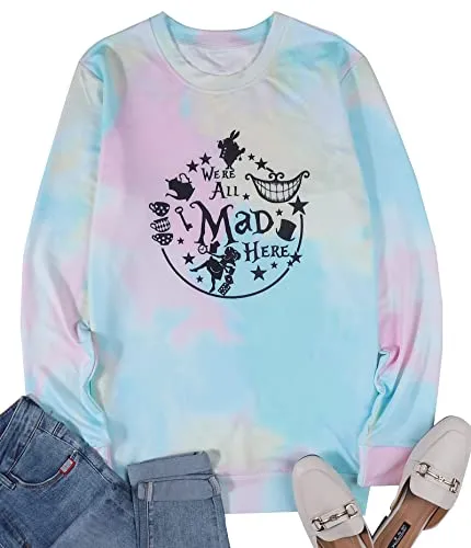 Alice in Wonderland Sweatshirt Women Vintage Mad Hatter Shirt Magic Kingdom Pullover Vacation Long Sleeve Tops Black