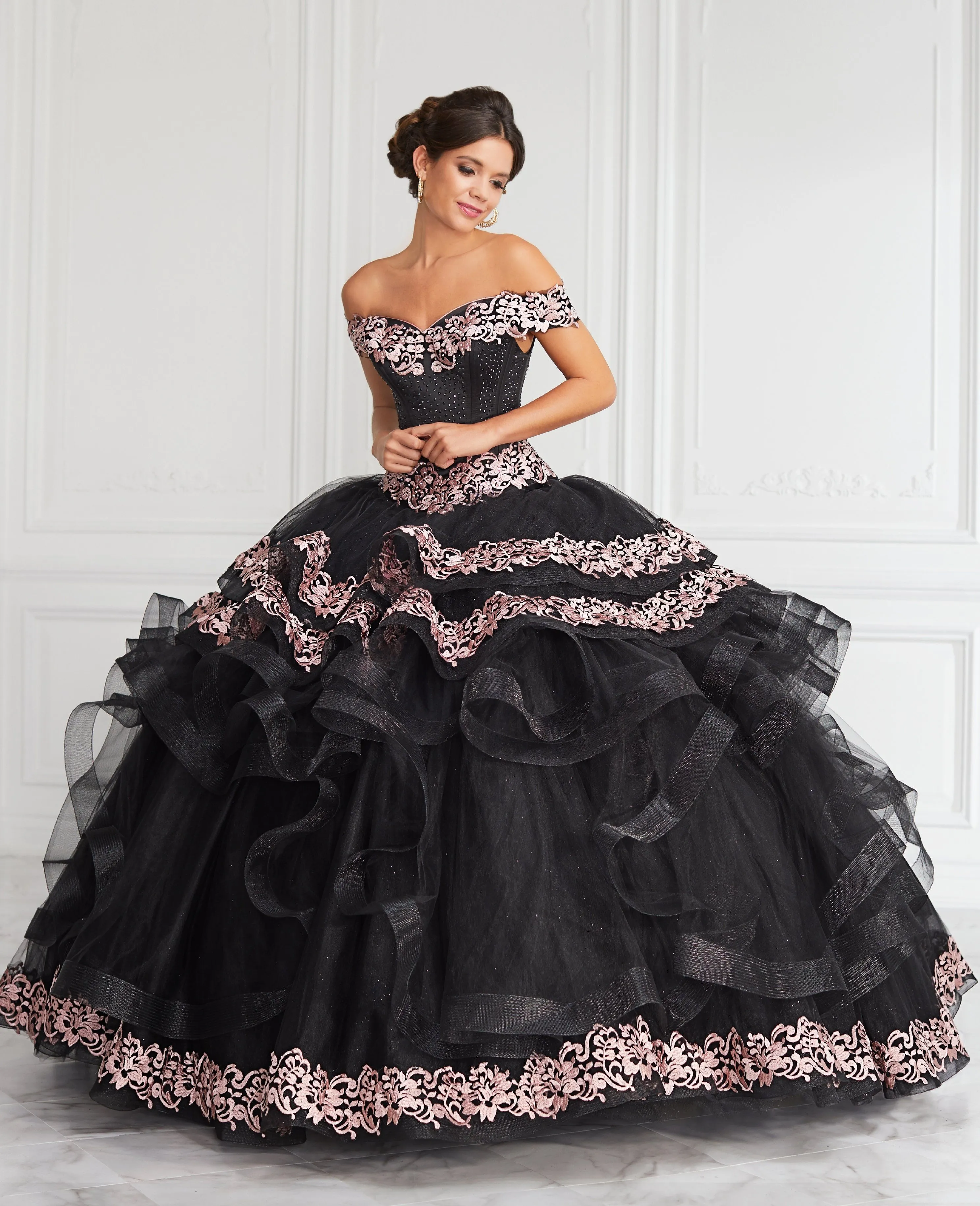 Applique Off Shoulder Tiered Quinceanera Dress by LA Glitter 24062