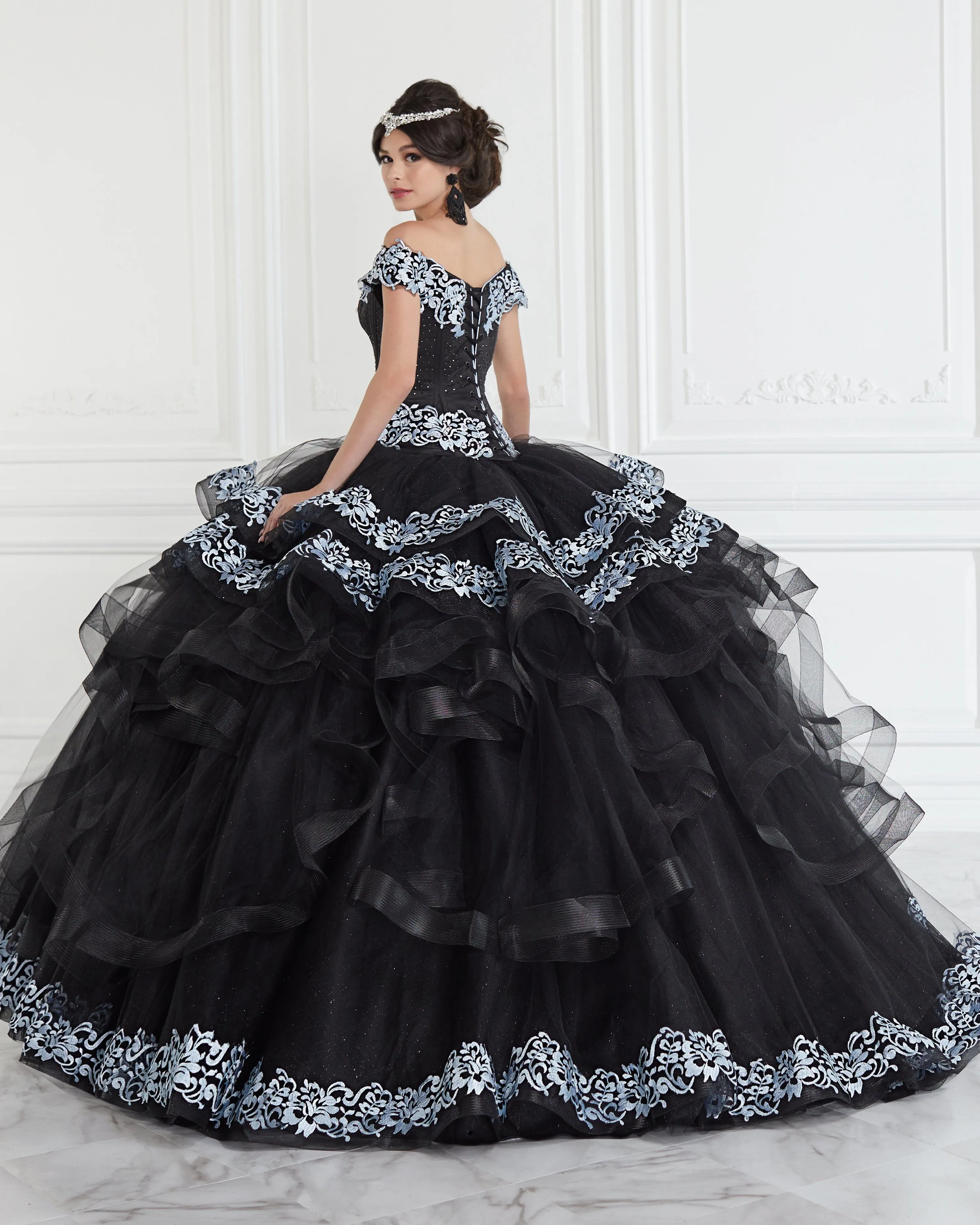 Applique Off Shoulder Tiered Quinceanera Dress by LA Glitter 24062