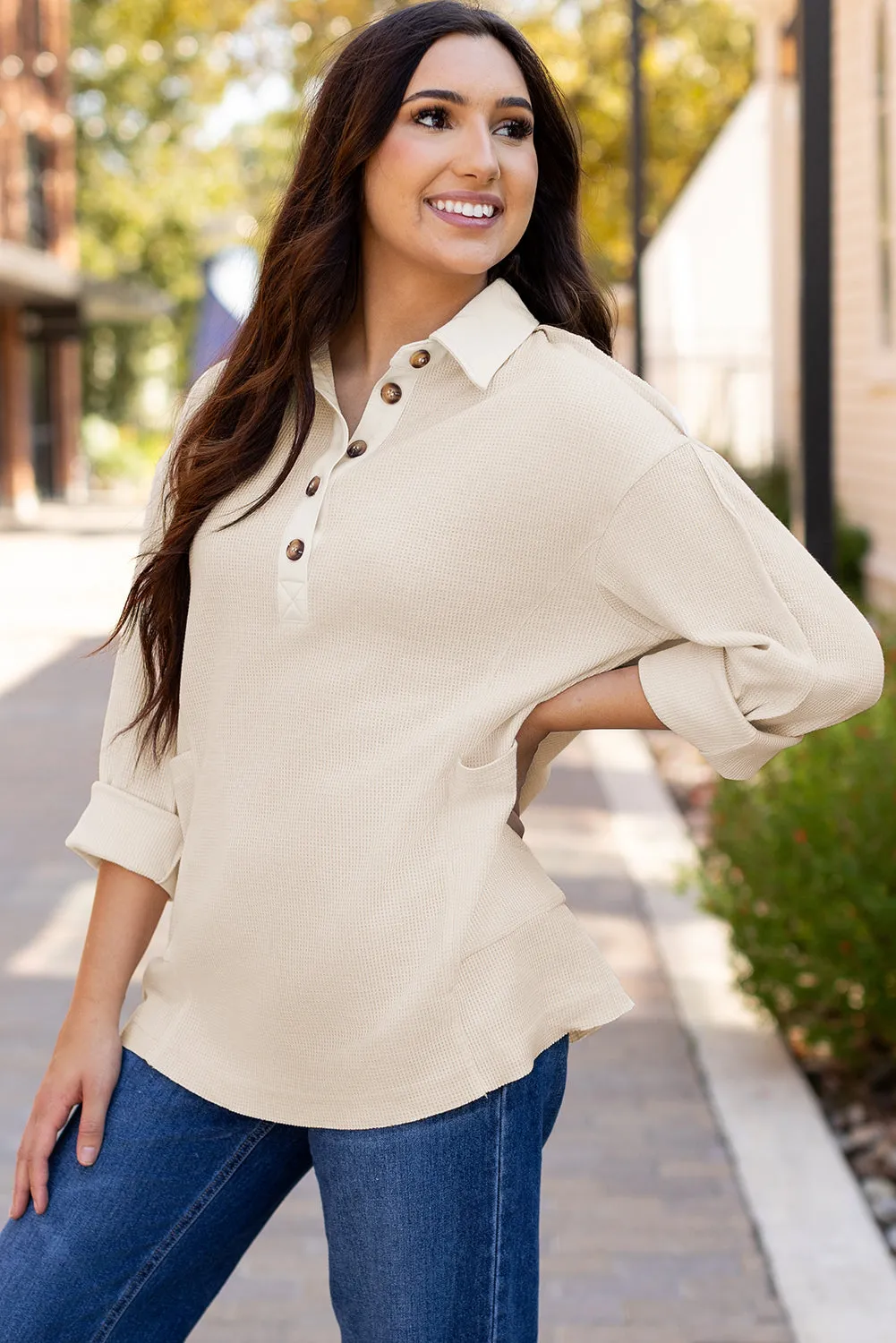 Arianna Waffle  Half Button Top