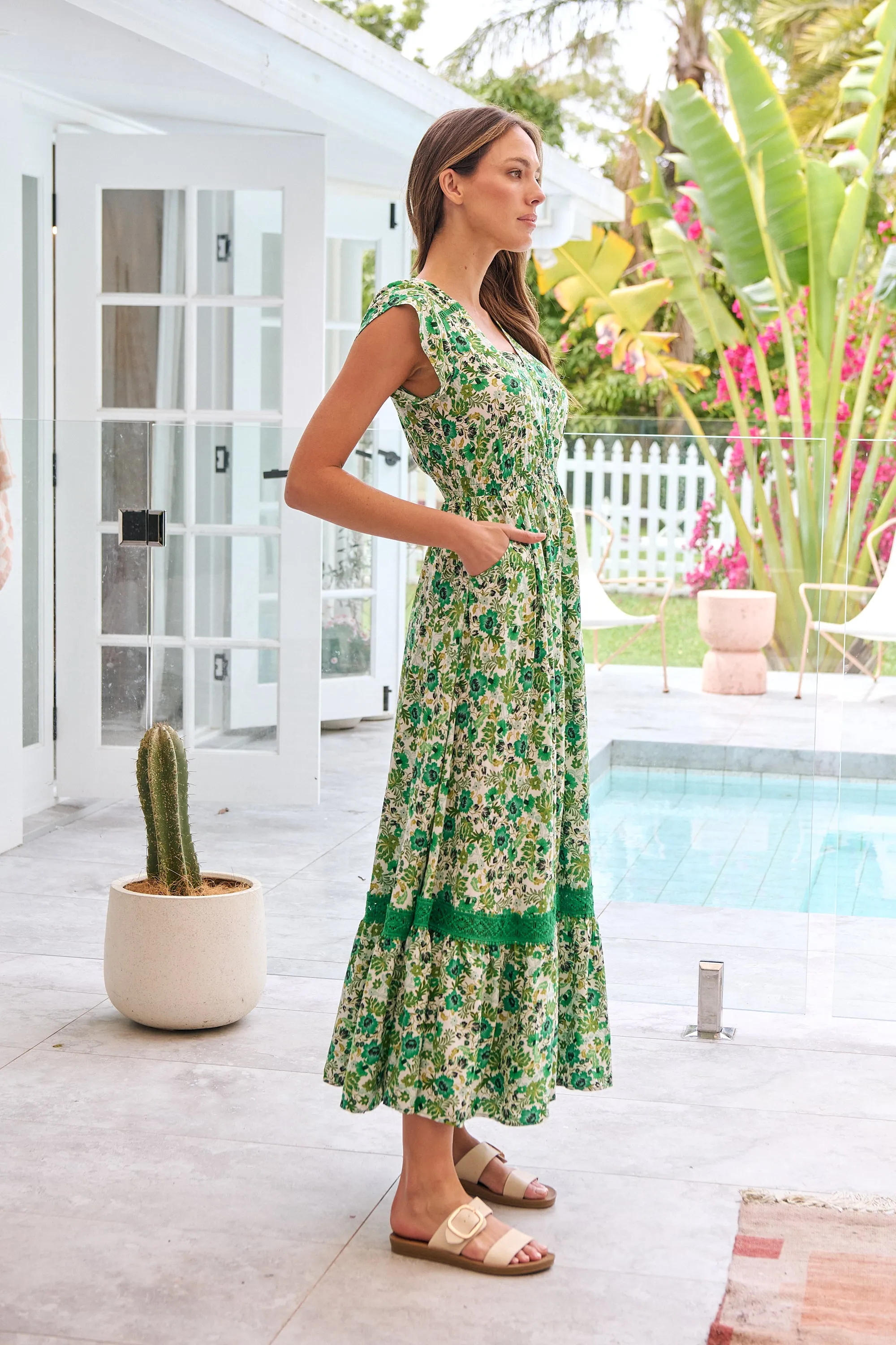 Augustina Button Front Shamrock Green Floral Print Maxi Dress