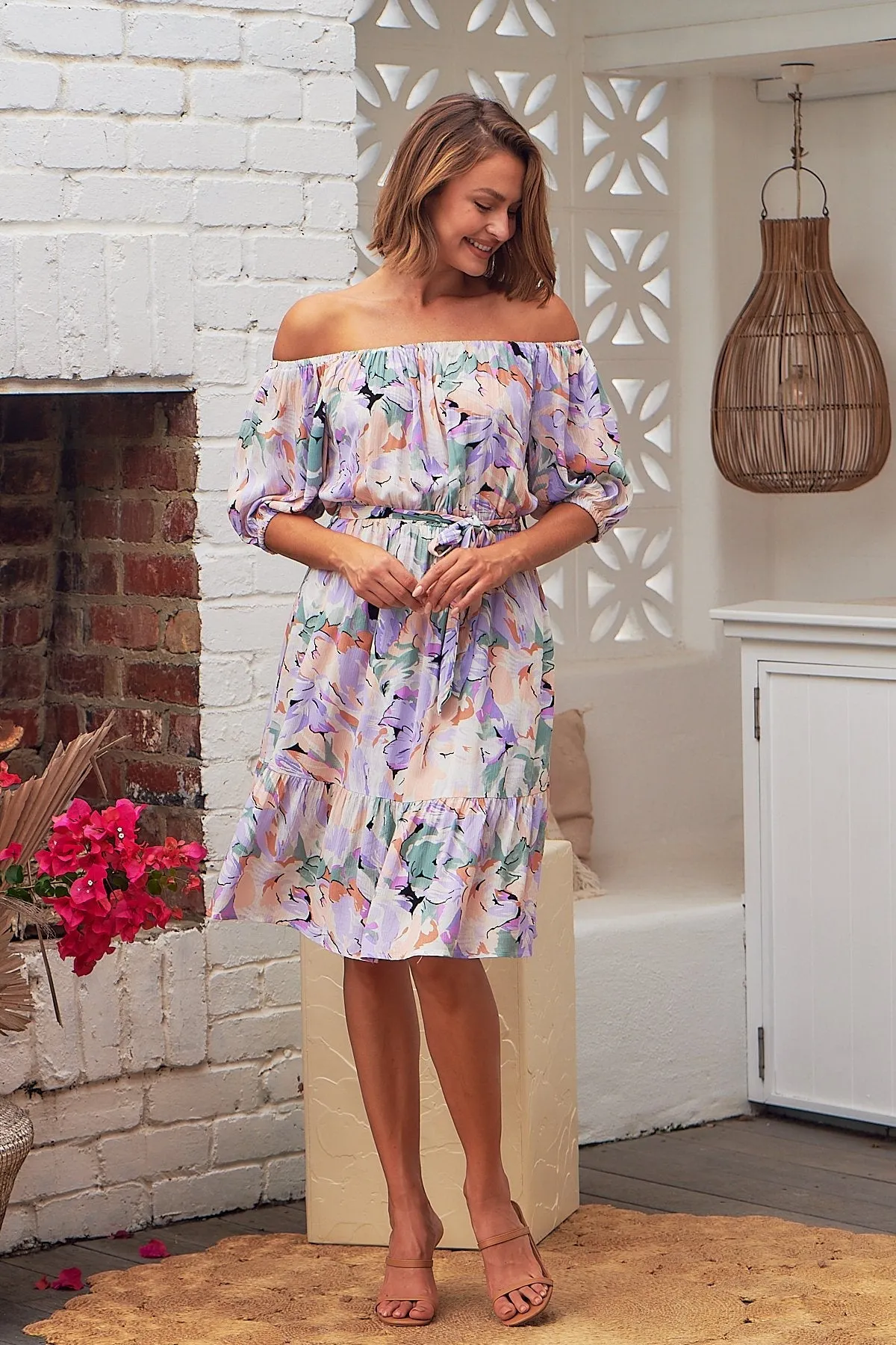 Bastille Lilac Floral Off Shoulder Dress