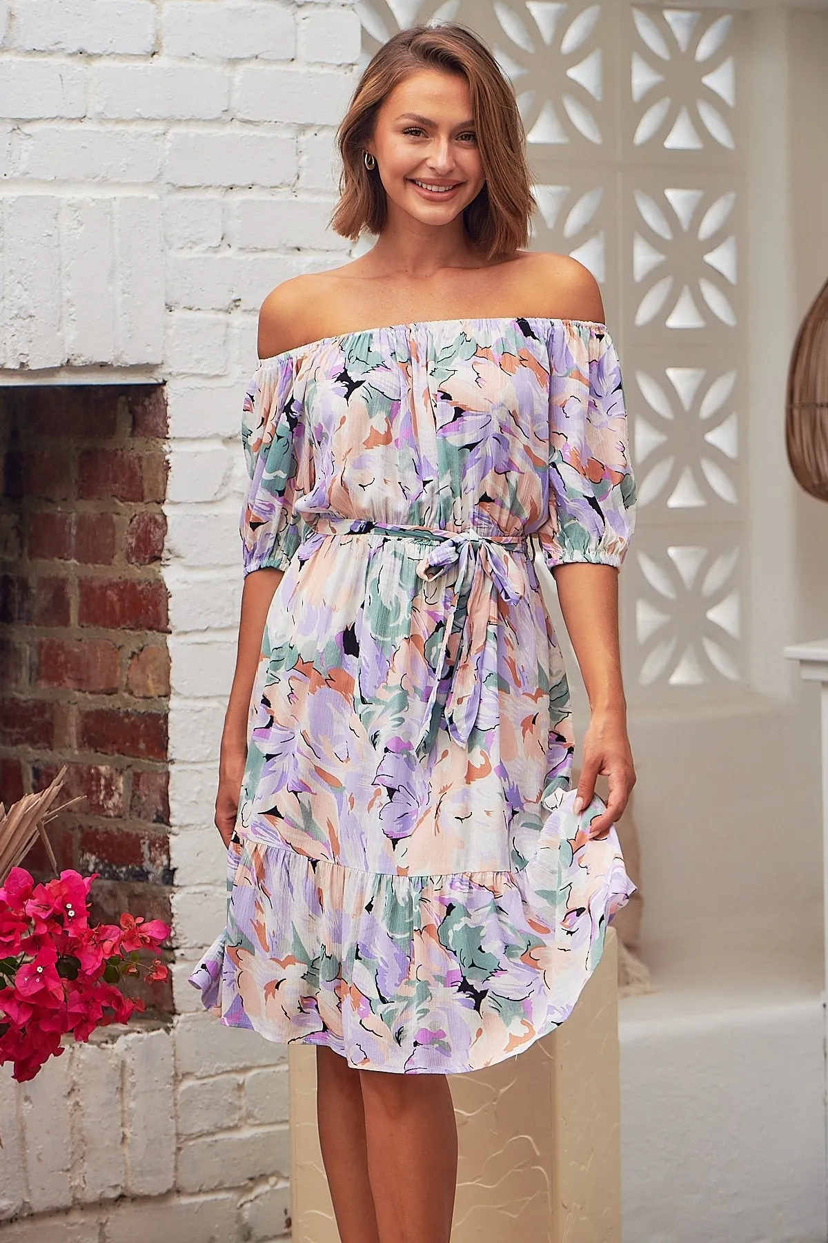 Bastille Lilac Floral Off Shoulder Dress