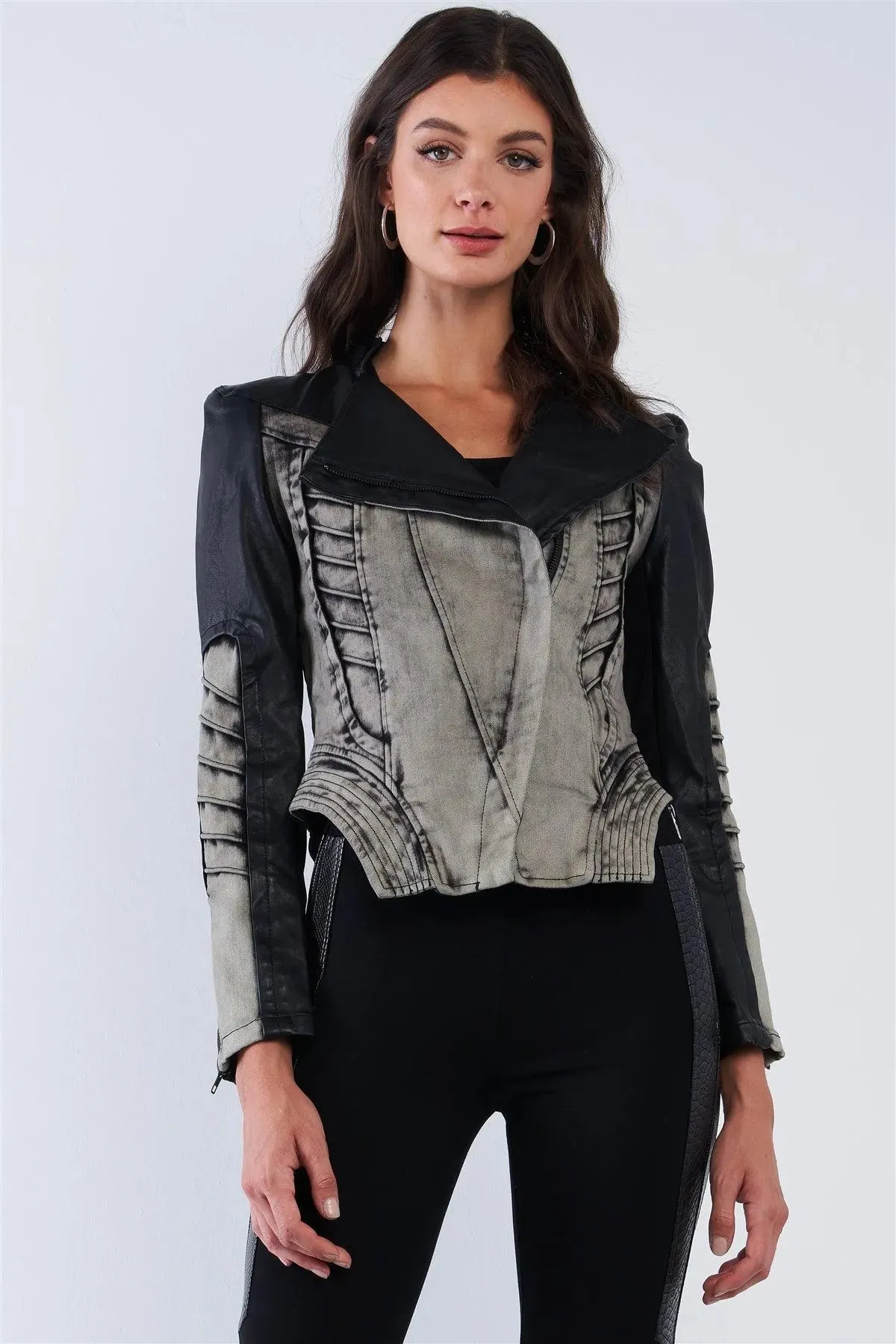 Black And Washed Grey Asymmetrical Ribbed Corset Inspired Oblique Zipper Moto Jacket /2-2