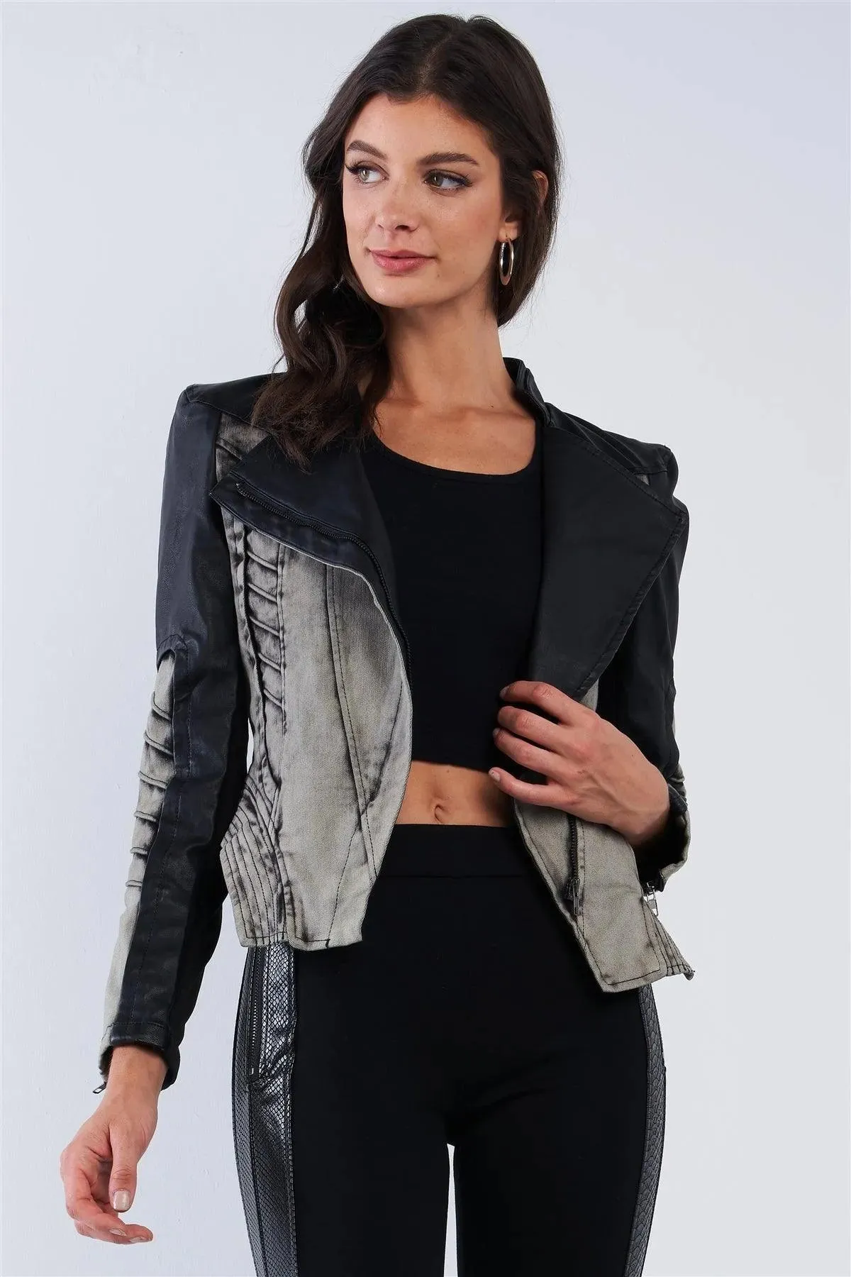 Black And Washed Grey Asymmetrical Ribbed Corset Inspired Oblique Zipper Moto Jacket /2-2