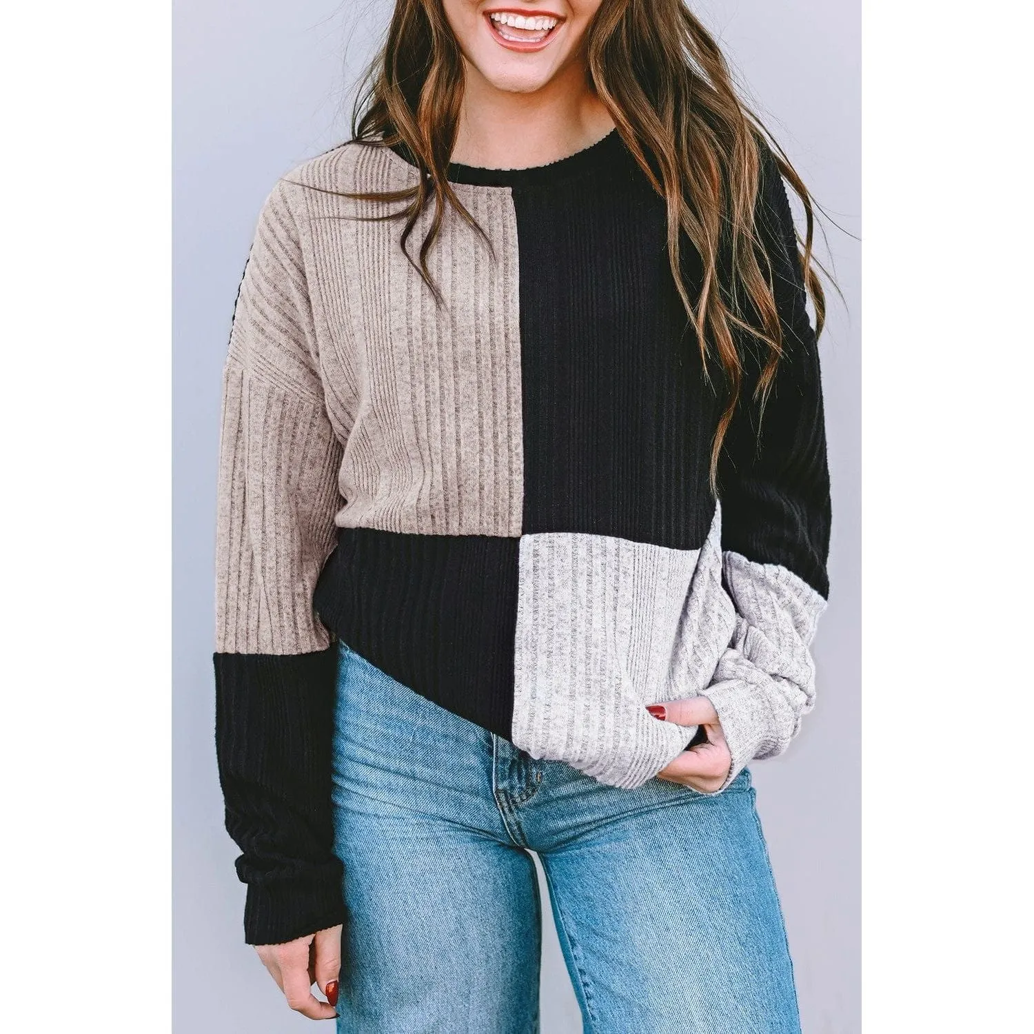 Black Colorblock Textured Knit Top