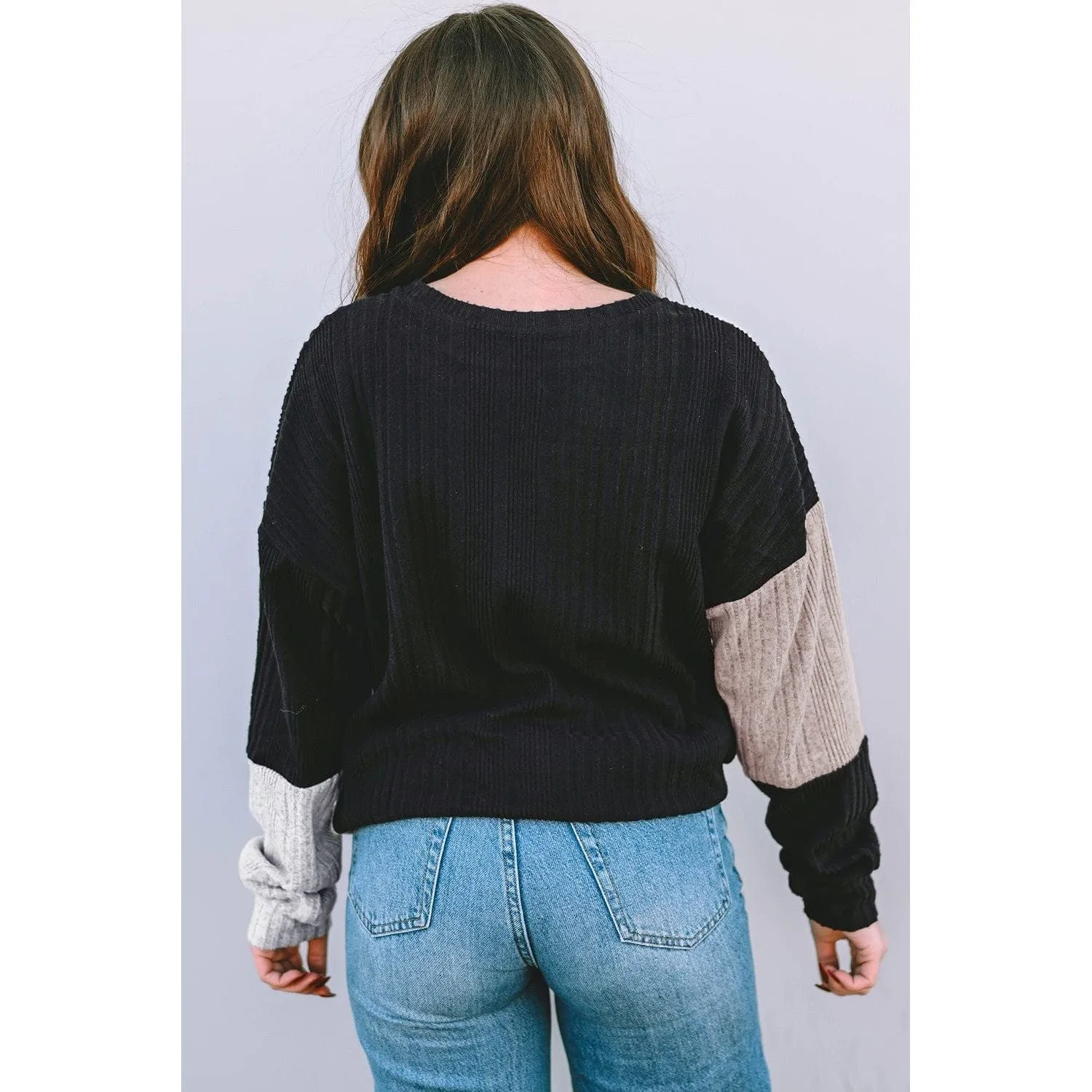 Black Colorblock Textured Knit Top