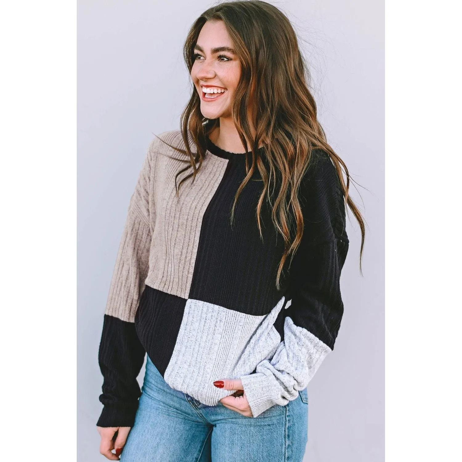 Black Colorblock Textured Knit Top