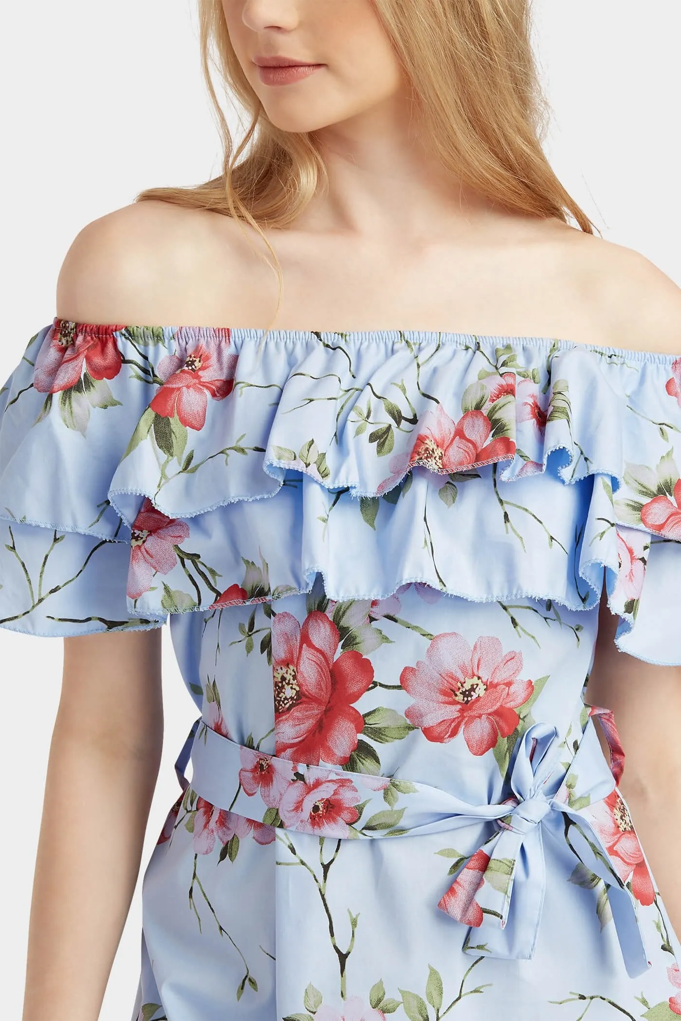 Blue Bardot Frill Print Dress