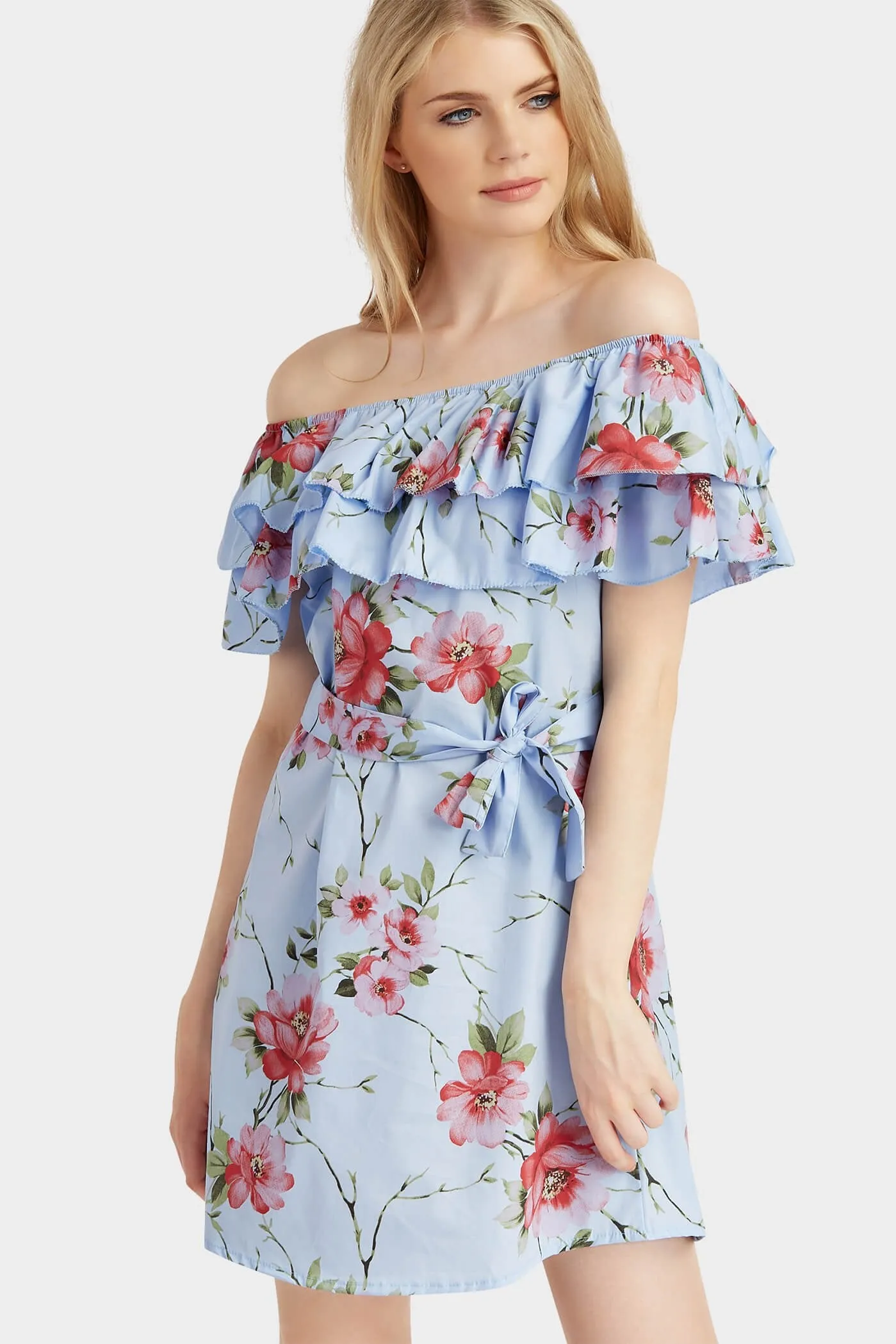 Blue Bardot Frill Print Dress