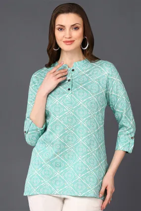 Blue Cotton Blend Geometric Bandhani Printed Tunic Top