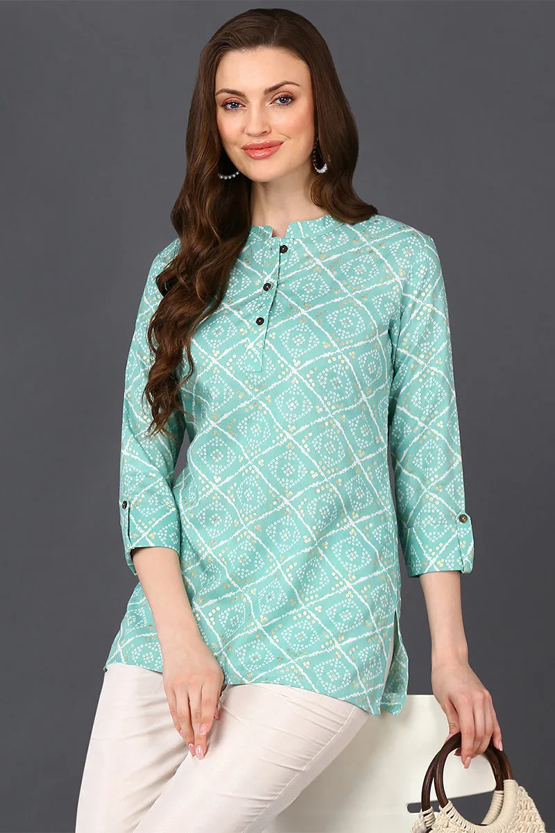 Blue Cotton Blend Geometric Bandhani Printed Tunic Top