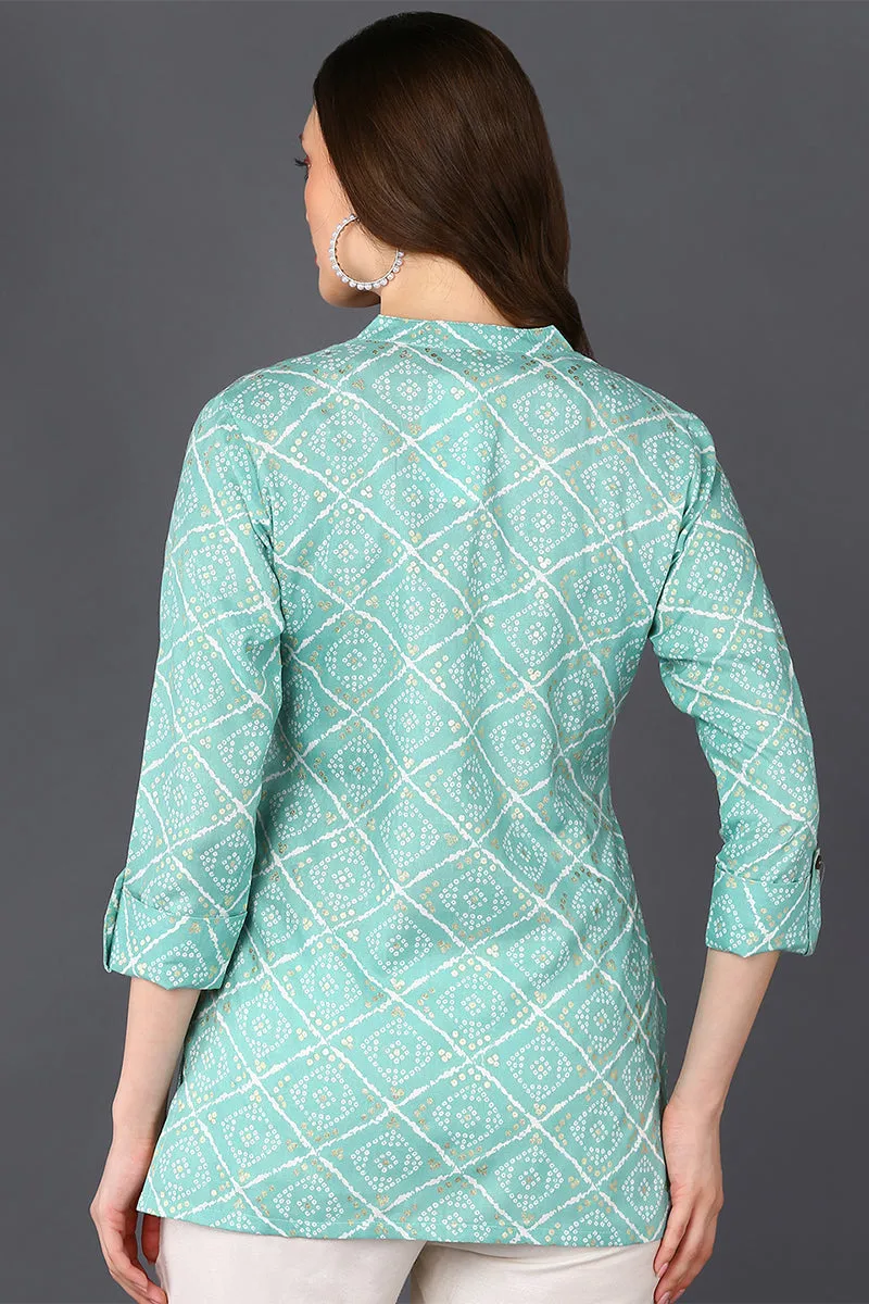 Blue Cotton Blend Geometric Bandhani Printed Tunic Top