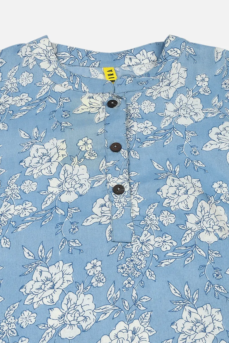 Blue Cotton Blend White Floral Printed Tunic Top