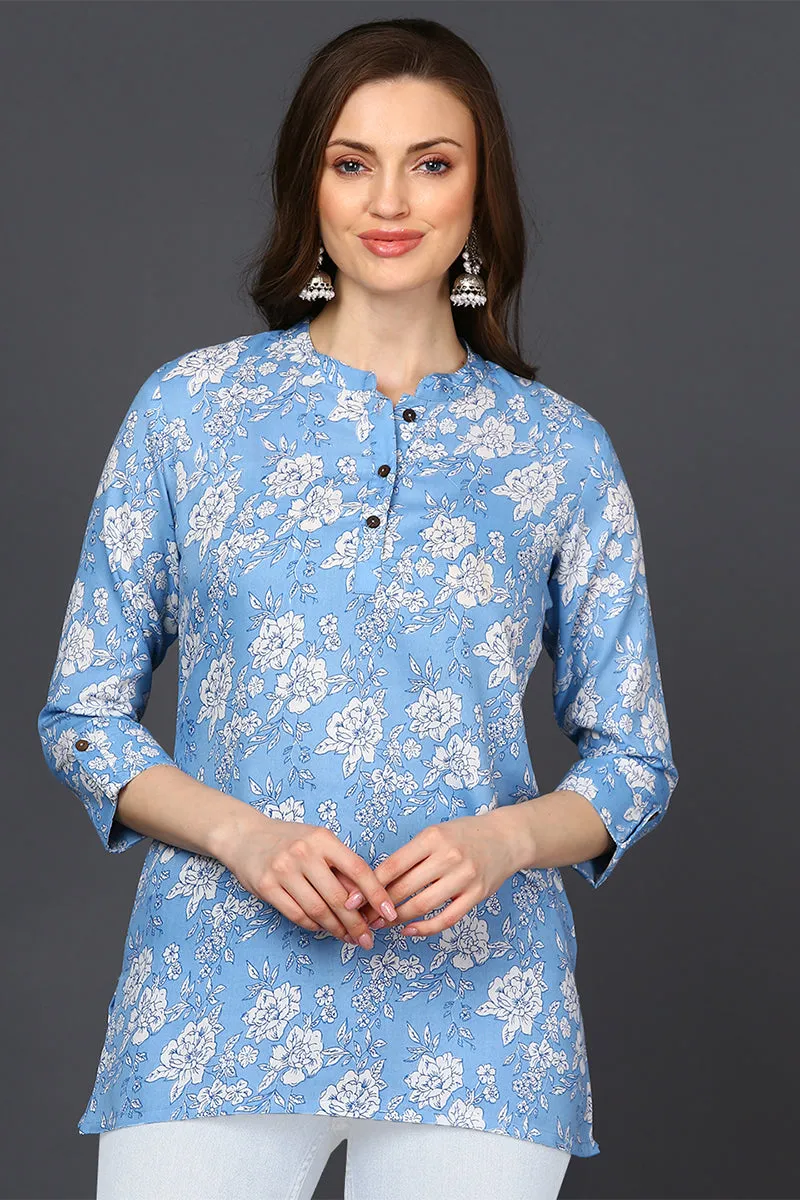 Blue Cotton Blend White Floral Printed Tunic Top