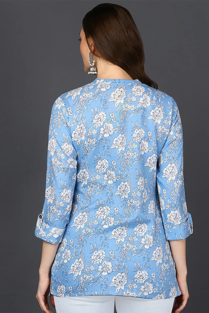 Blue Cotton Blend White Floral Printed Tunic Top