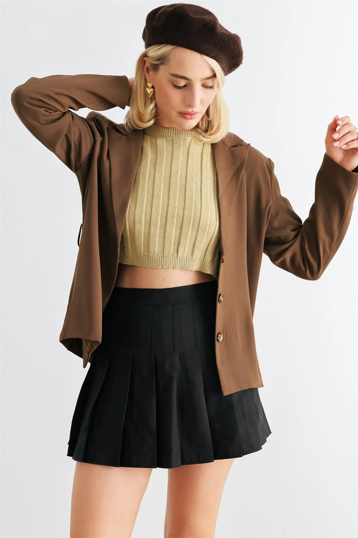 Brown Button-Up Long Sleeve Belted Blazer /1-2-2-1