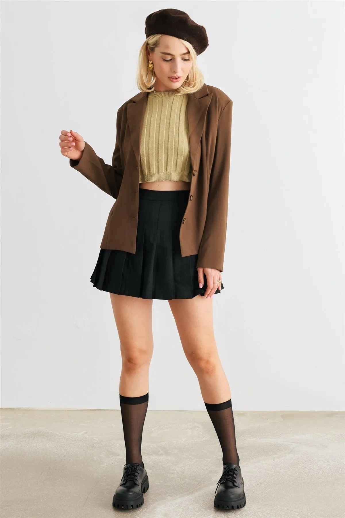 Brown Button-Up Long Sleeve Belted Blazer /1-2-2-1