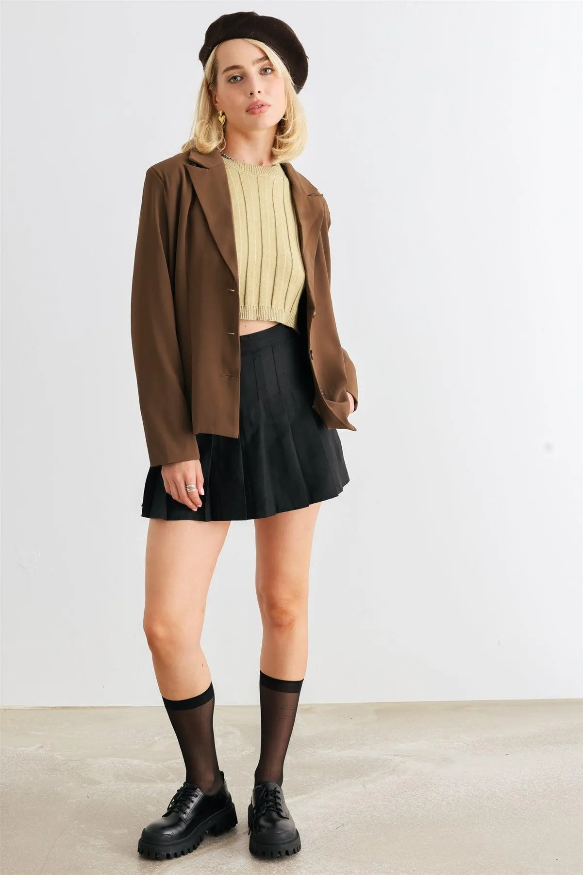 Brown Button-Up Long Sleeve Belted Blazer /1-2-2-1