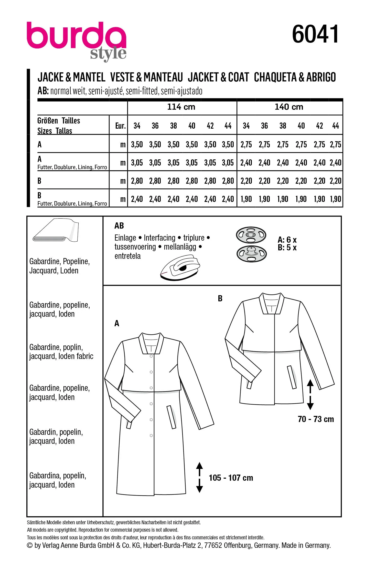 Burda Style Pattern 6041 Ladies Outerwear Coat / Jacket