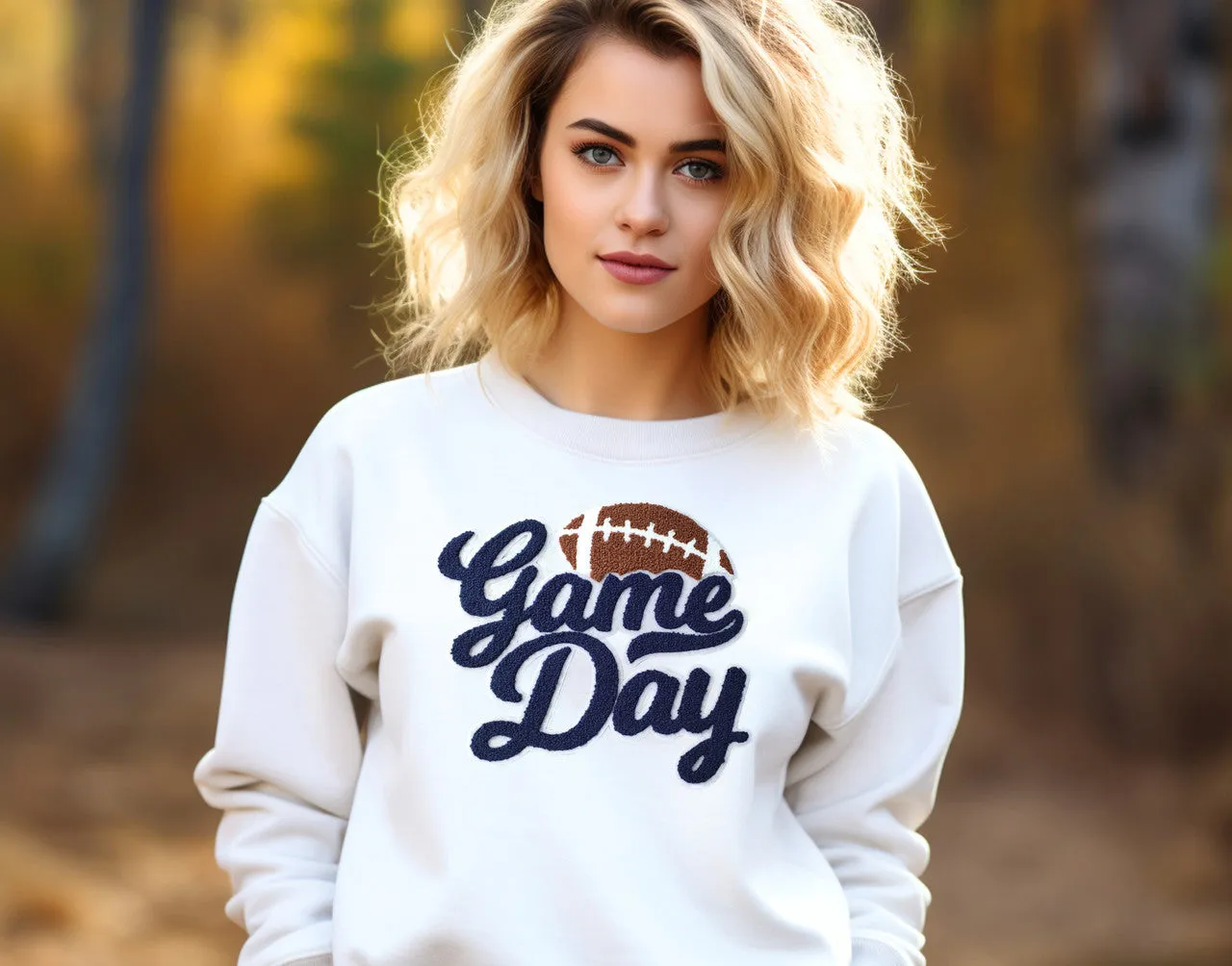 Chenille Navy Game Day Football Crewneck Sweatshirt