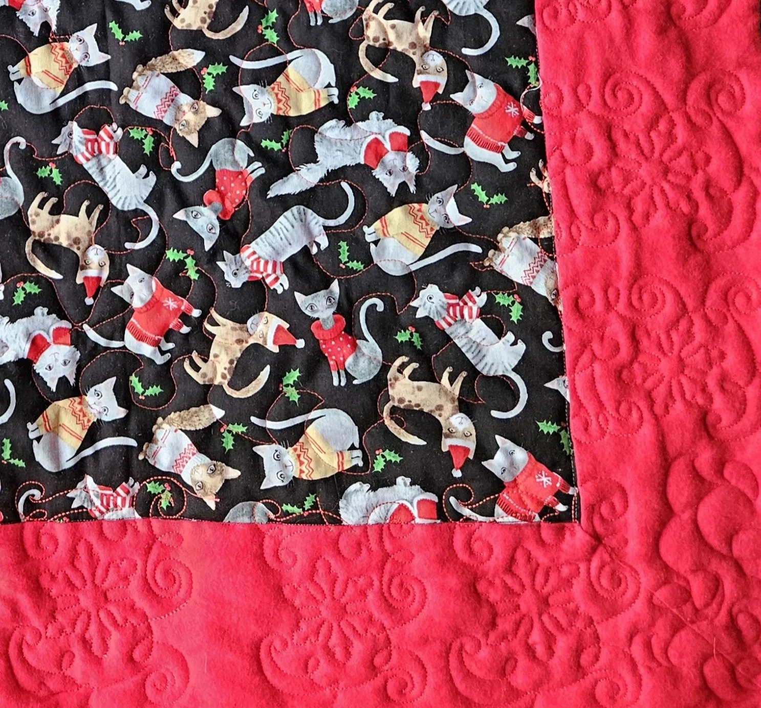 Christmas Cats in Sweaters Pet Blanket. Double sided, cotton print on one side, brushed cotton on the back. Handmade, soft, comfy.