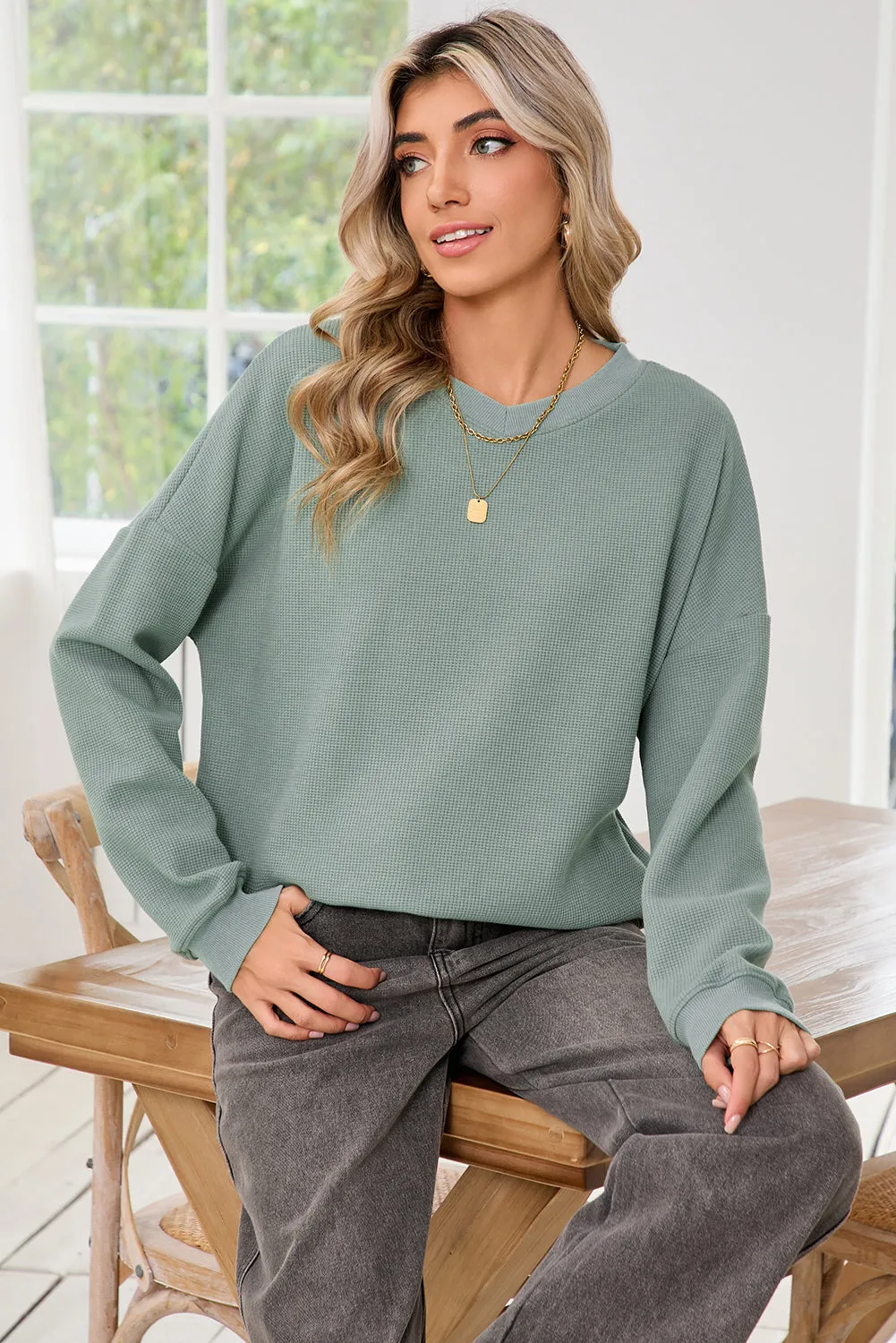 Clearly Aqua Waffle Knit Drop Shoulder V Neck Top