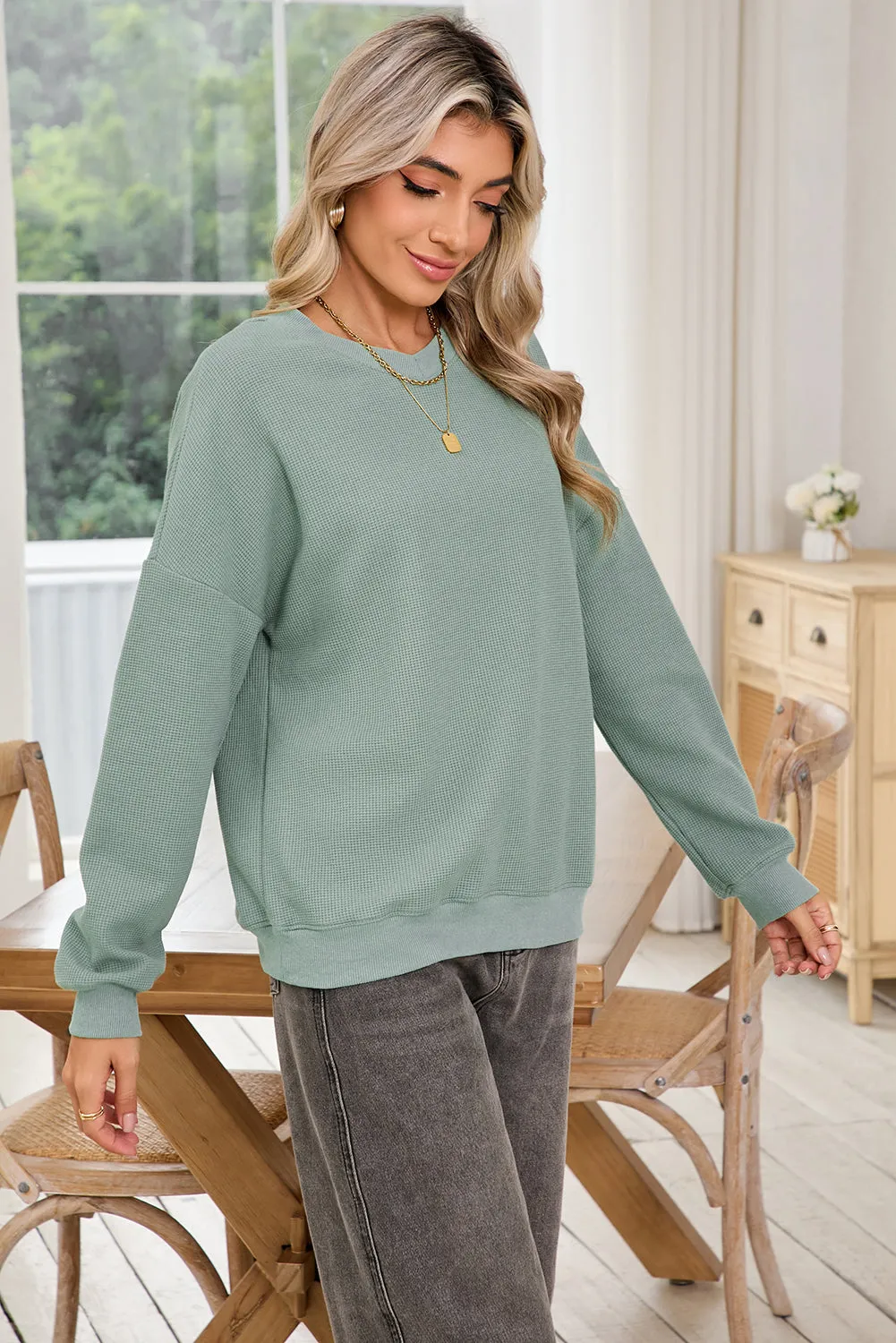 Clearly Aqua Waffle Knit Drop Shoulder V Neck Top