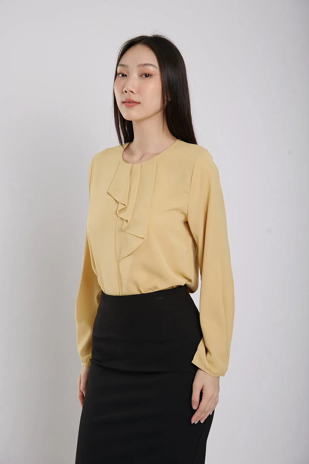 Coleen Ruffle Front Blouse in Light Mustard