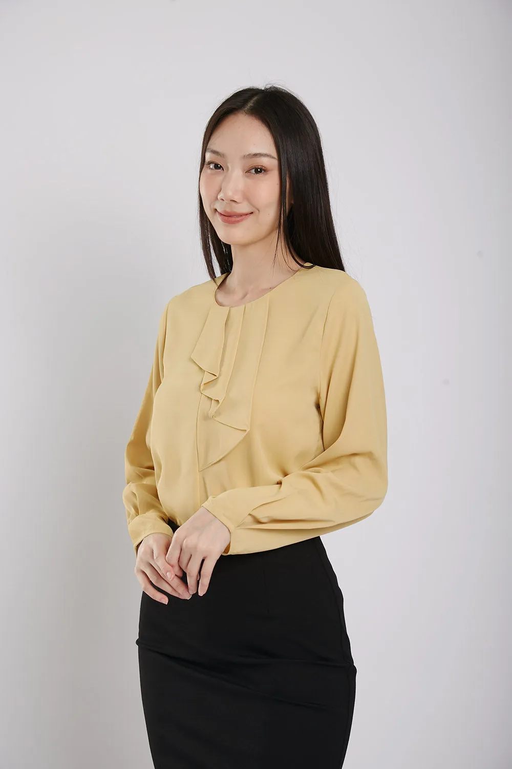 Coleen Ruffle Front Blouse in Light Mustard