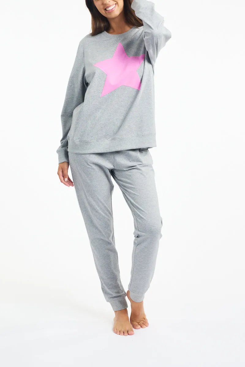 Cotton Long Sleeve Sleep Top - Grey Marle/Pink Star