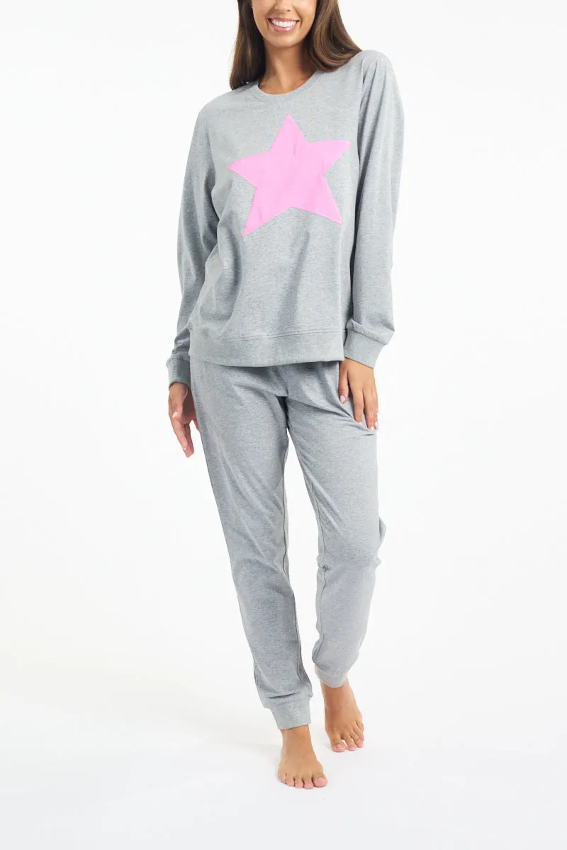 Cotton Long Sleeve Sleep Top - Grey Marle/Pink Star