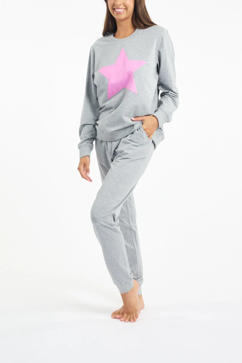 Cotton Long Sleeve Sleep Top - Grey Marle/Pink Star