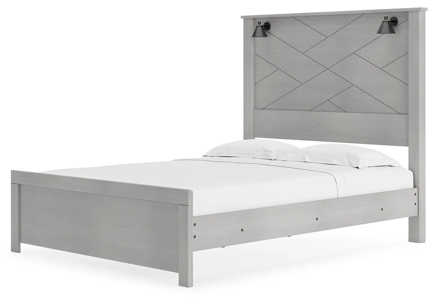 Cottonburg Queen Panel Bed with Mirrored Dresser and Nightstand in Light Gray/White