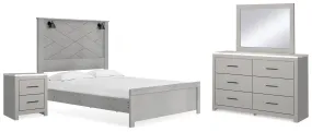 Cottonburg Queen Panel Bed with Mirrored Dresser and Nightstand in Light Gray/White