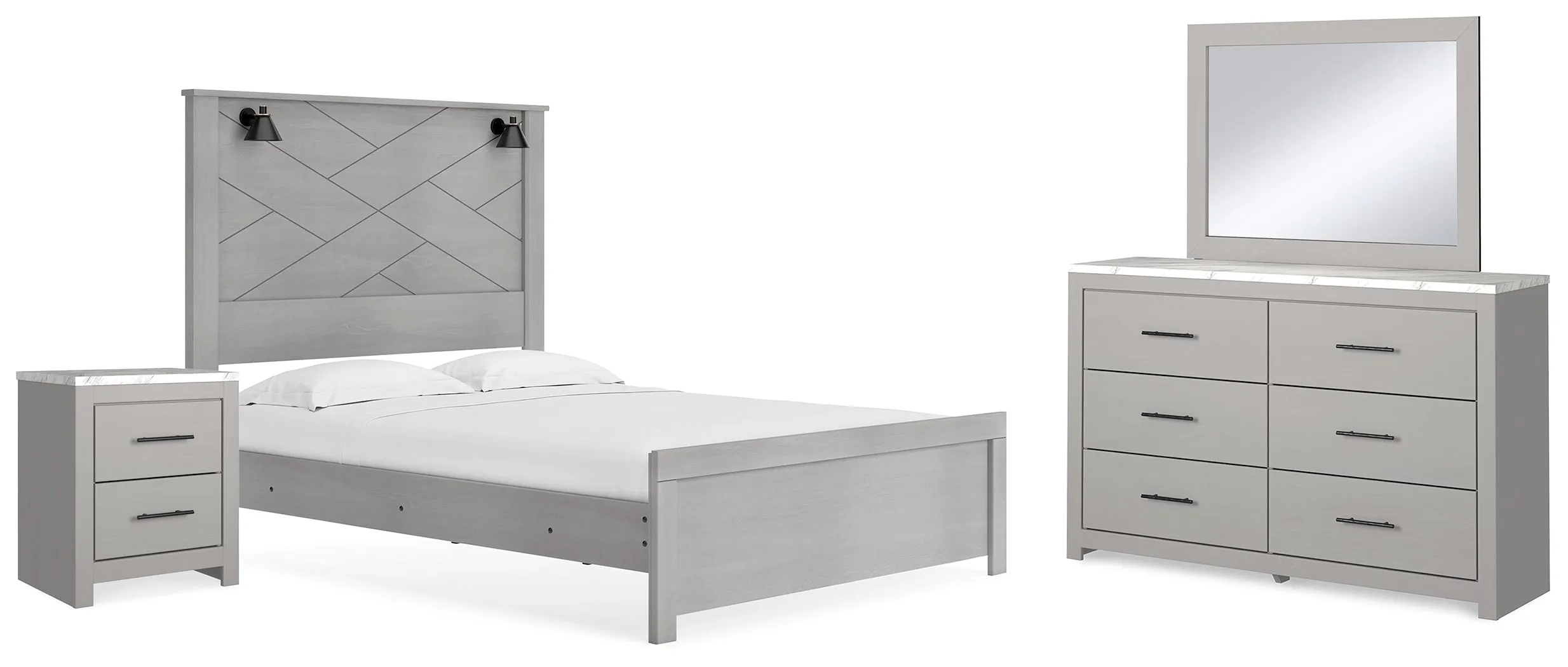 Cottonburg Queen Panel Bed with Mirrored Dresser and Nightstand in Light Gray/White