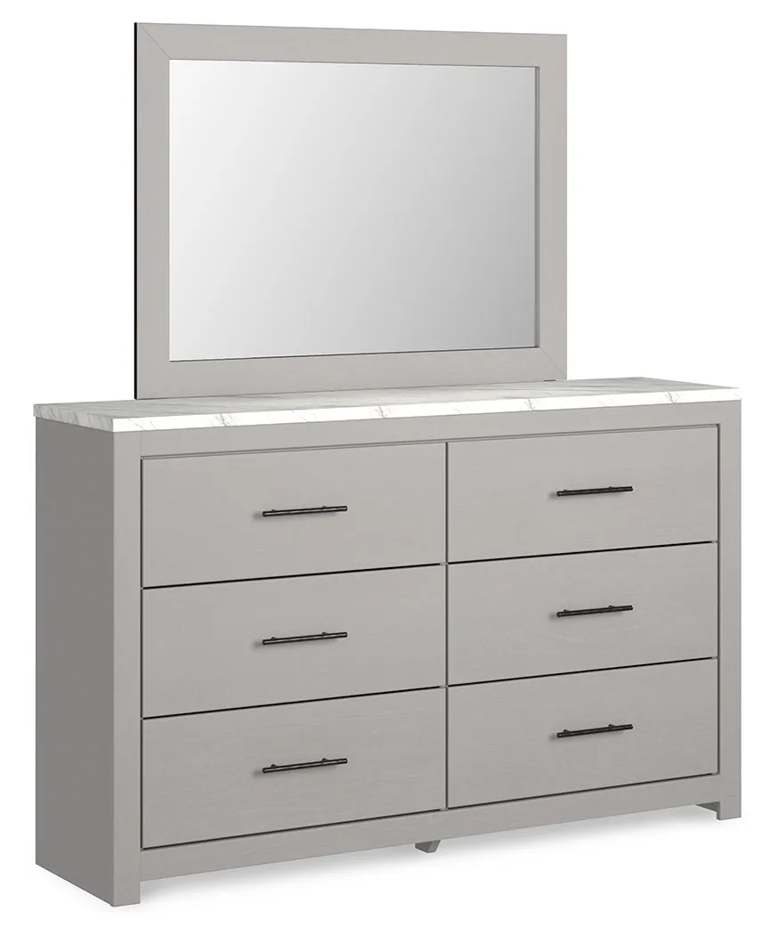 Cottonburg Queen Panel Bed with Mirrored Dresser and Nightstand in Light Gray/White