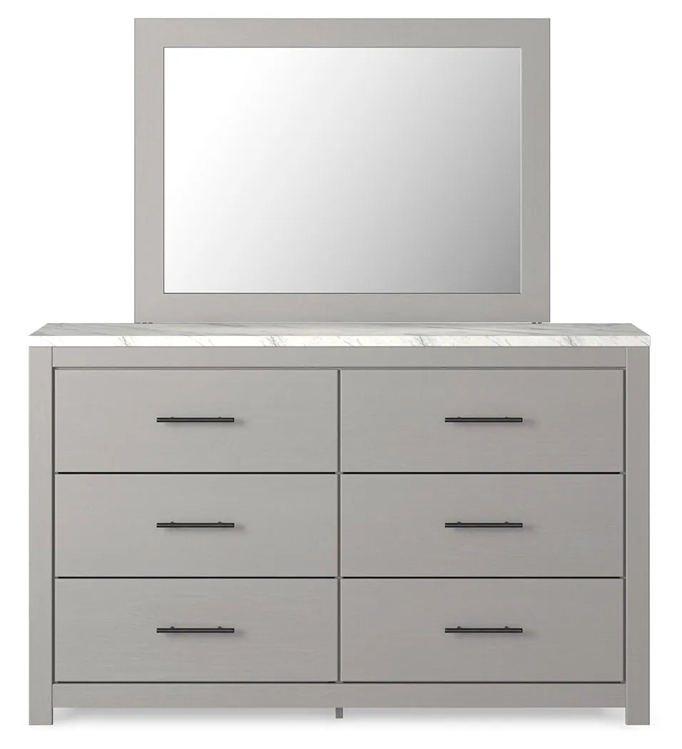 Cottonburg Queen Panel Bed with Mirrored Dresser and Nightstand in Light Gray/White