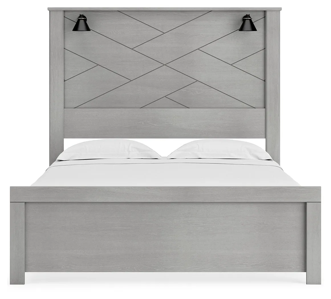 Cottonburg Queen Panel Bed with Mirrored Dresser and Nightstand in Light Gray/White