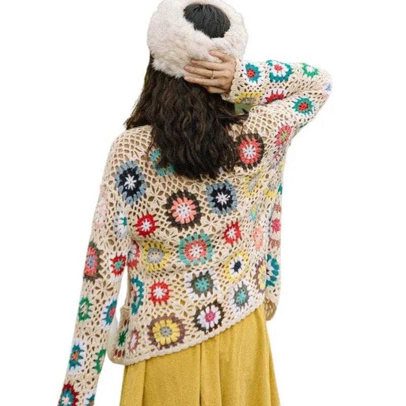 CQM Design Women's Elegant Retro Fashion Crochet Woven Sweater Jacket