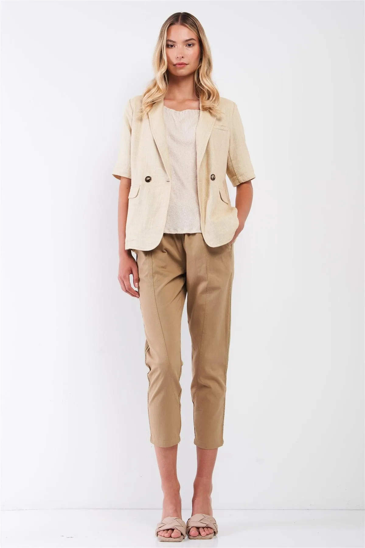 Ecru Linen Short Half-Sleeve Single-Breasted Blazer Jacket /1-2-2-1