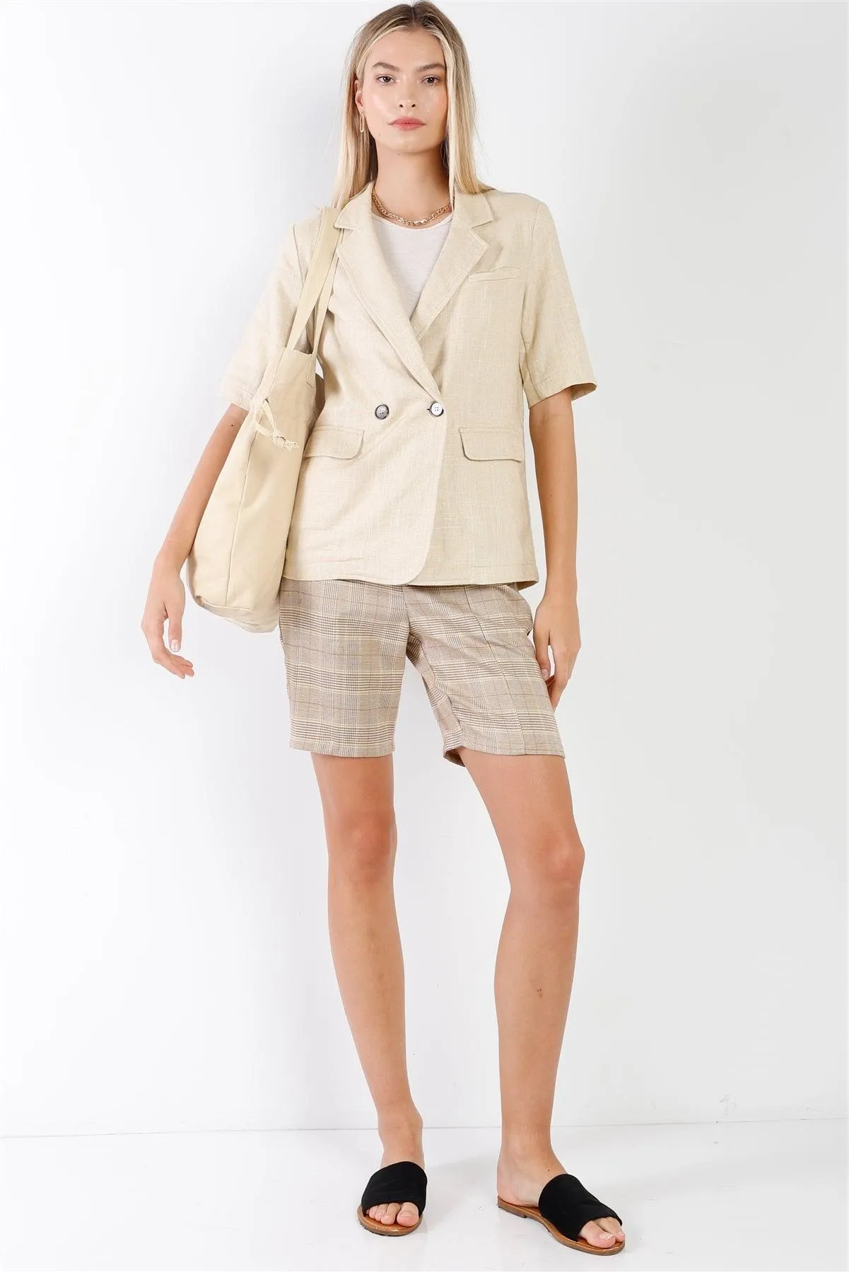 Ecru Linen Short Half-Sleeve Single-Breasted Blazer Jacket /1-2-2-1