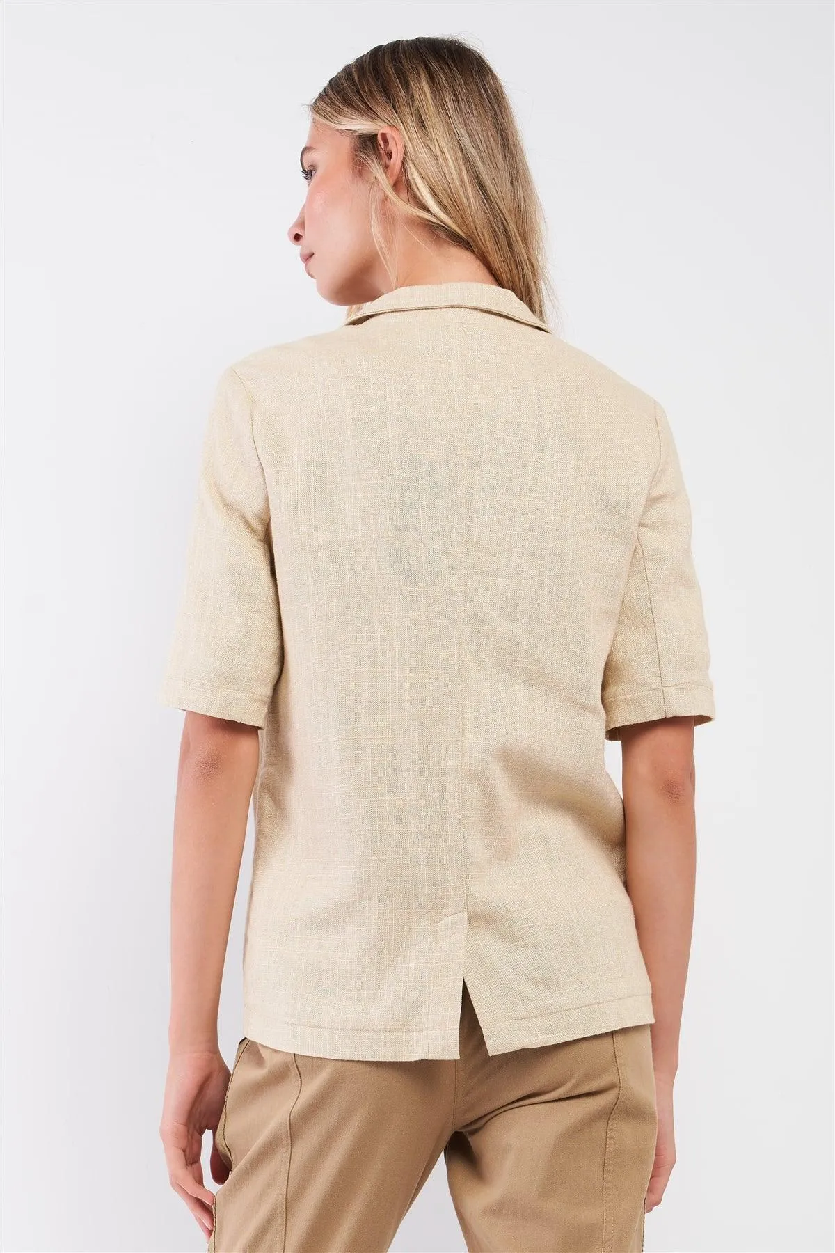 Ecru Linen Short Half-Sleeve Single-Breasted Blazer Jacket /1-2-2-1