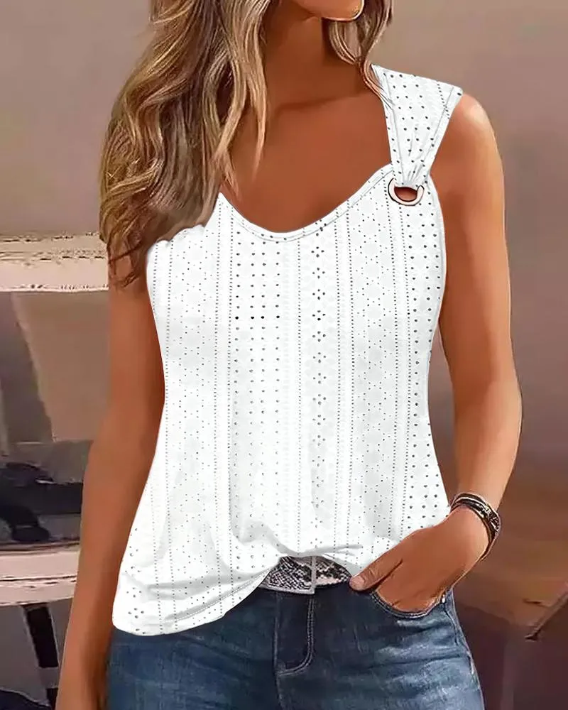 Eyelet Embroidery Asymmetrical Neck Tank Top