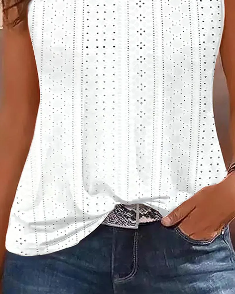 Eyelet Embroidery Asymmetrical Neck Tank Top