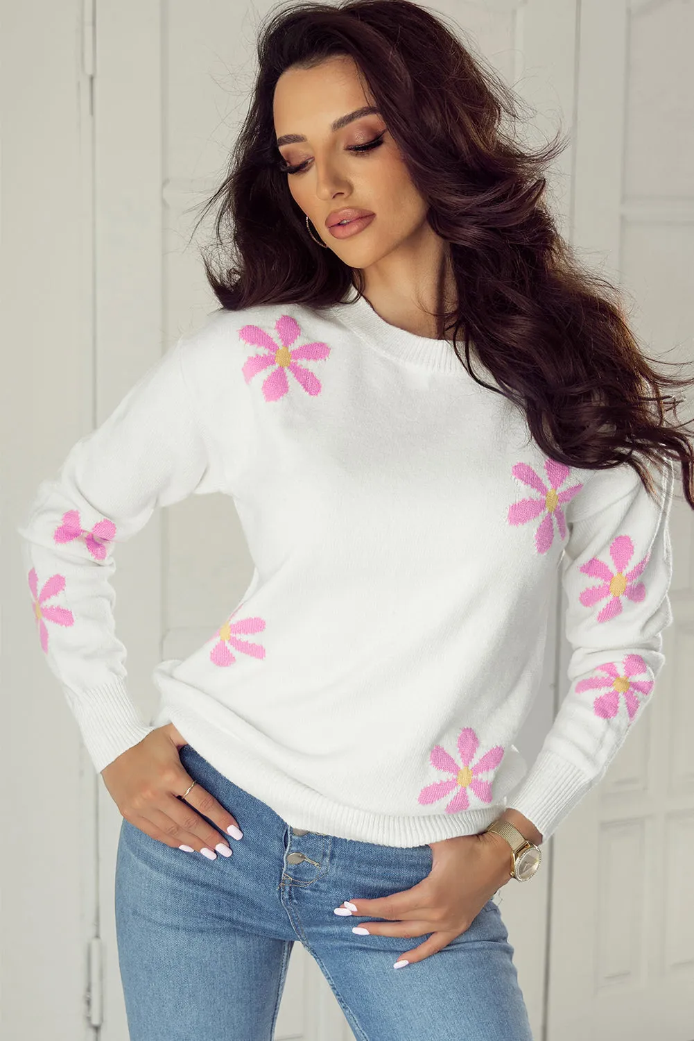 Flower Ribbed Edge Elegant Sweater