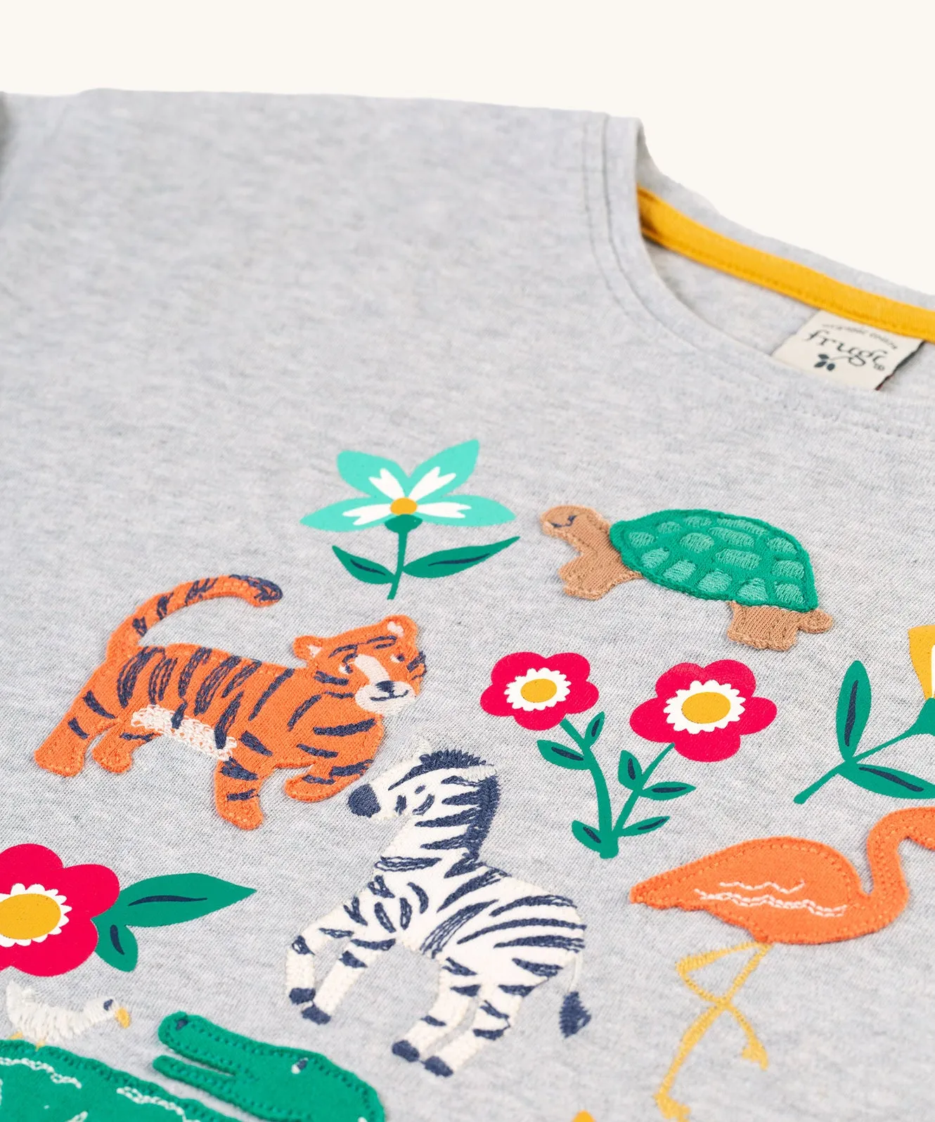 Frugi Bethany Applique Top - Grey Marl/Go Wild Animals