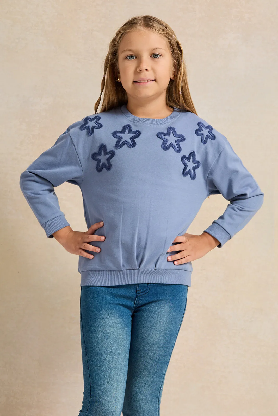 Girls Blue Star Embroidered Sweatshirt