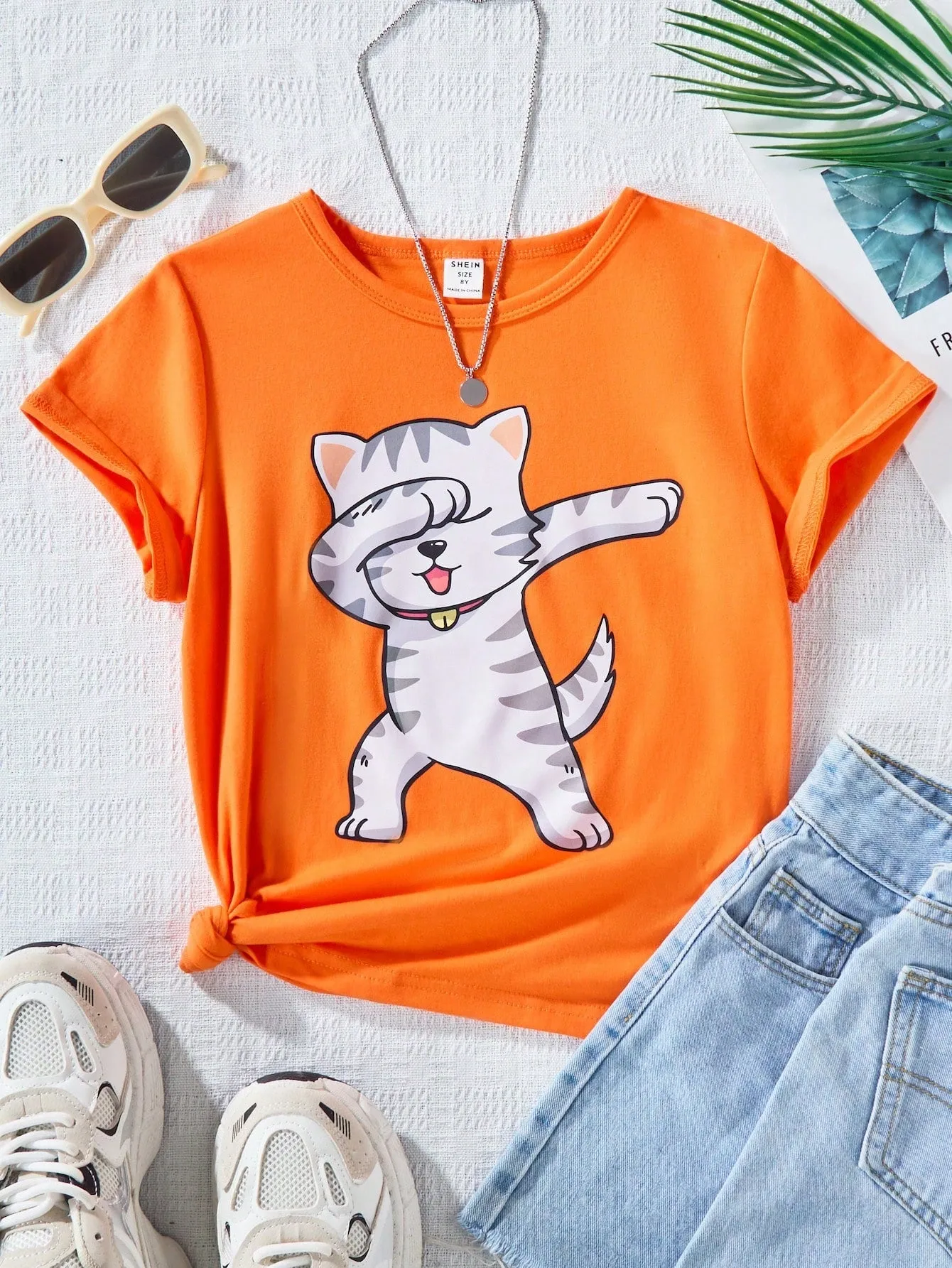 Girls' Cute Oversized Cat Slogan T-Shirt - Soft Cotton, Short Sleeve, Casual Style