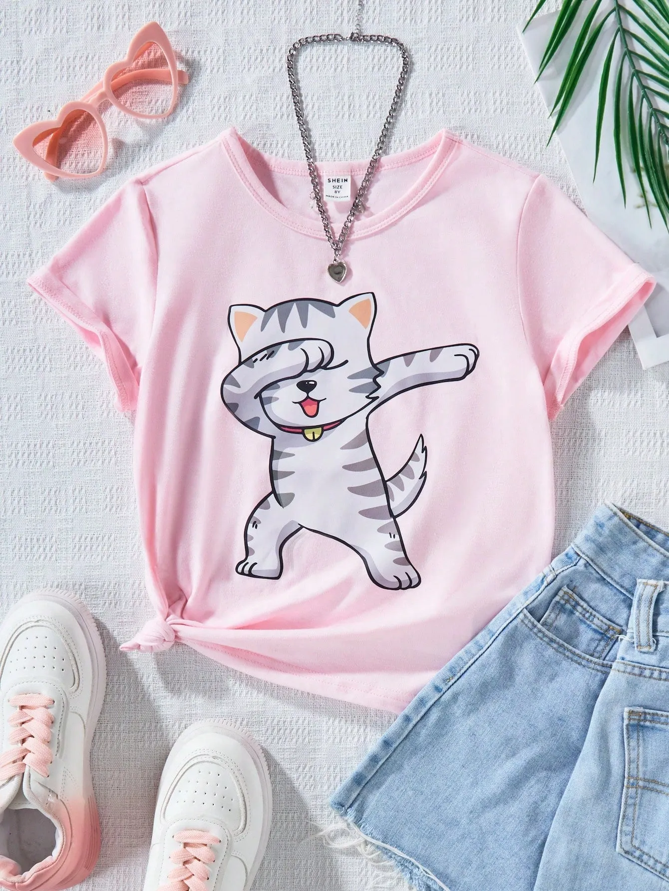 Girls' Cute Oversized Cat Slogan T-Shirt - Soft Cotton, Short Sleeve, Casual Style